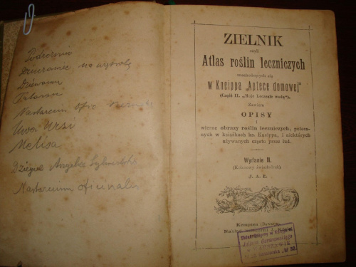 a. "Zielnik czyli Atlas Roślin Leczniczych" . Skład Główny w Księgarni Juljana Guranowskiego ul Senatorska nr.32 Warszawa, 1892 r.