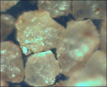 Mikroskopowe zdjęcia różnego rodzaju piasków. Piasek z triasowego piaskowca z Gór Świętokrzyskich. kanciaste ziarna świadczą o krótkim transporcie przez wodę.
