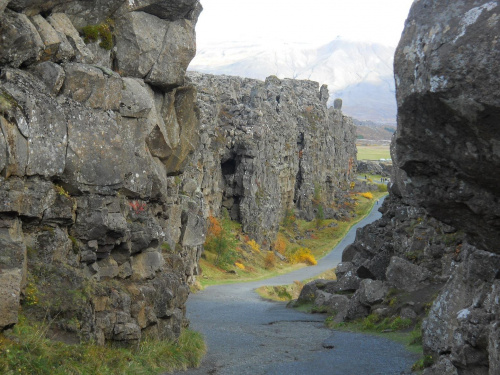 Pingvellir, głęboki wąwóz Almannagjá i miejsce gdzie stykają się płyty tektoniczne Eurazjatycka i Północnoamerykańska