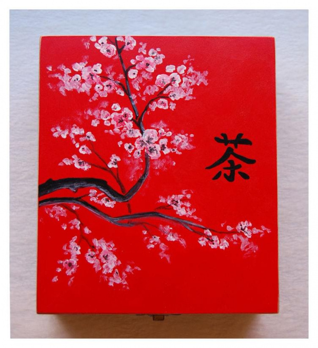 Pudełko na herbatę - ręcznie malowane - sakura + kanji